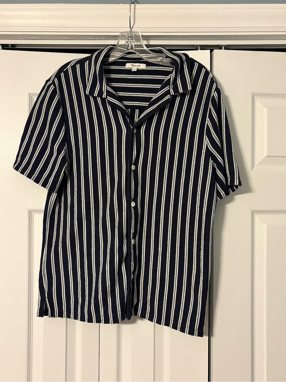 Madewell Navy, Gray, and White Vertical Stripe Short-Sleeve Button-Up